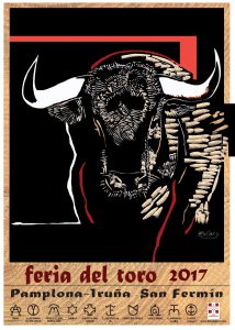 Cartel de la Feria del Toro de Pamplona, años 2017, grabado de un toro visto de frente, sobre madera